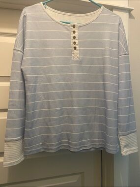 Striped Light Blue Henley Long-Sleeve Top